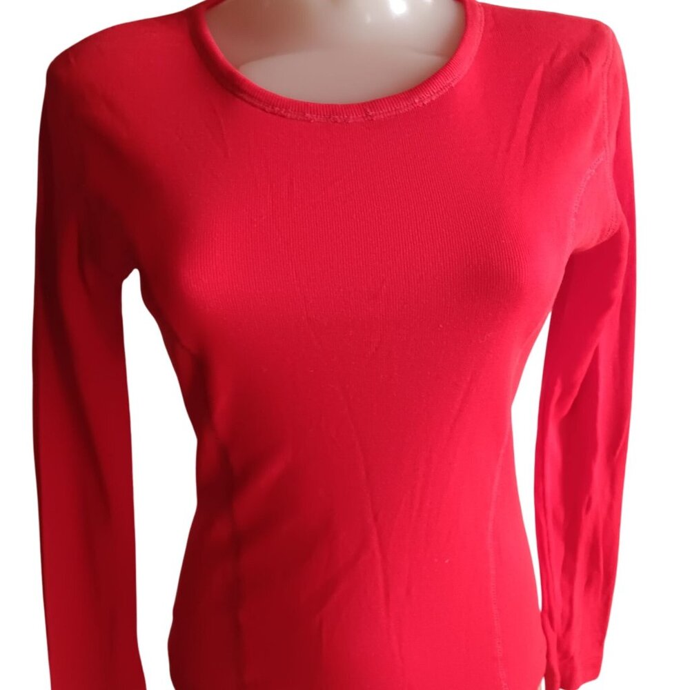 Womens T-shirt Medium 1970's Vintage Red Long Sleeve Glam Top Acrylic Crew Neck